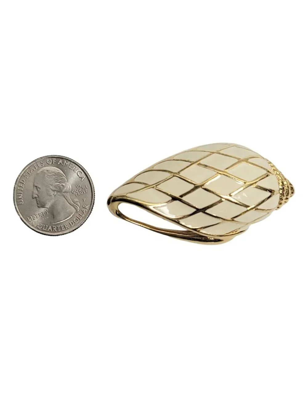 Trifari 1980s Cream And Gold Seashell Enamel Pin Brooch, Signed
